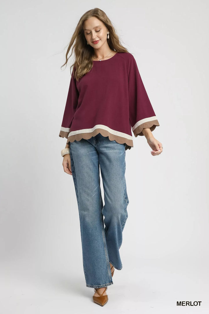 Umgee Scalloped Hem Color Block Top | Blouses Daverri Fashions