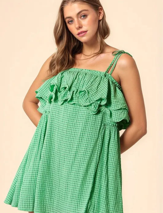 Ibiza Green Davi & Dani Textured Jacquard Checker Fabric Ruffled Dress | Mini Dresses Daverri Fashions