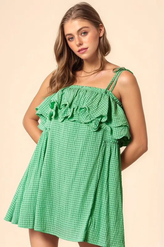 Ibiza Green Davi & Dani Textured Jacquard Checker Fabric Ruffled Dress | Mini Dresses Daverri Fashions