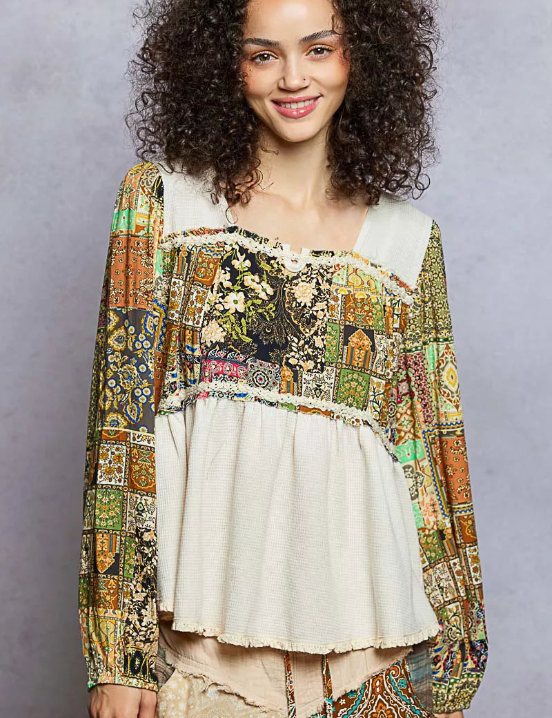 NATURAL POL Balloon Sleeve Peplum Blouse with Trim Detail | Blouses Daverri Fashions