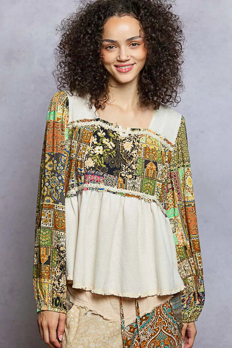 NATURAL POL Balloon Sleeve Peplum Blouse with Trim Detail | Blouses Daverri Fashions