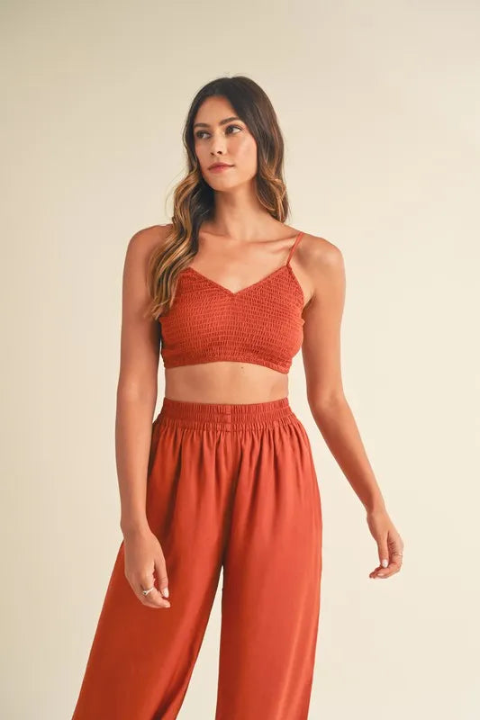 MABLE Smocked Bralette Crop Top and Wide Leg Pants Set