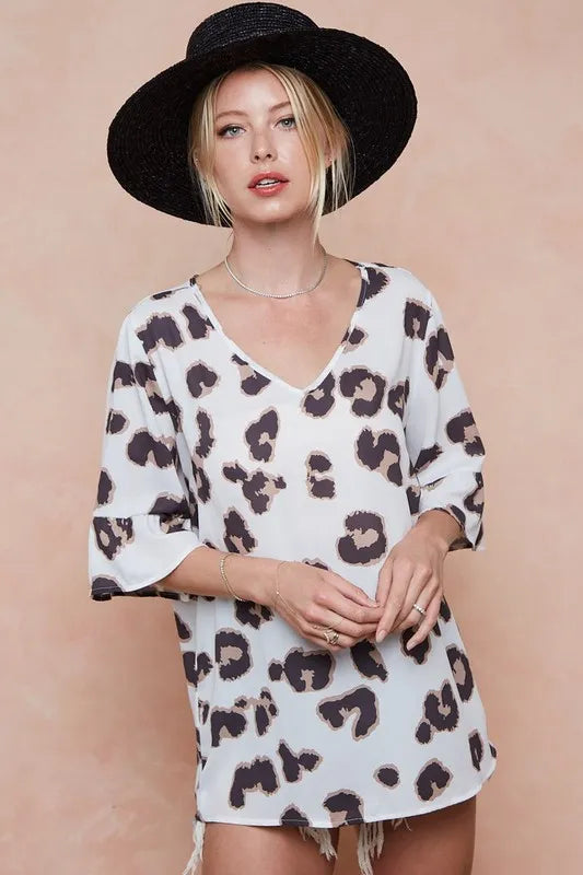 BiBi Leopard Printed V Neck Woven Top with Ruffled | Blouses Daverri Fashions