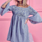BiBi Smocked Off-Shoulder Blue and White Striped Dress