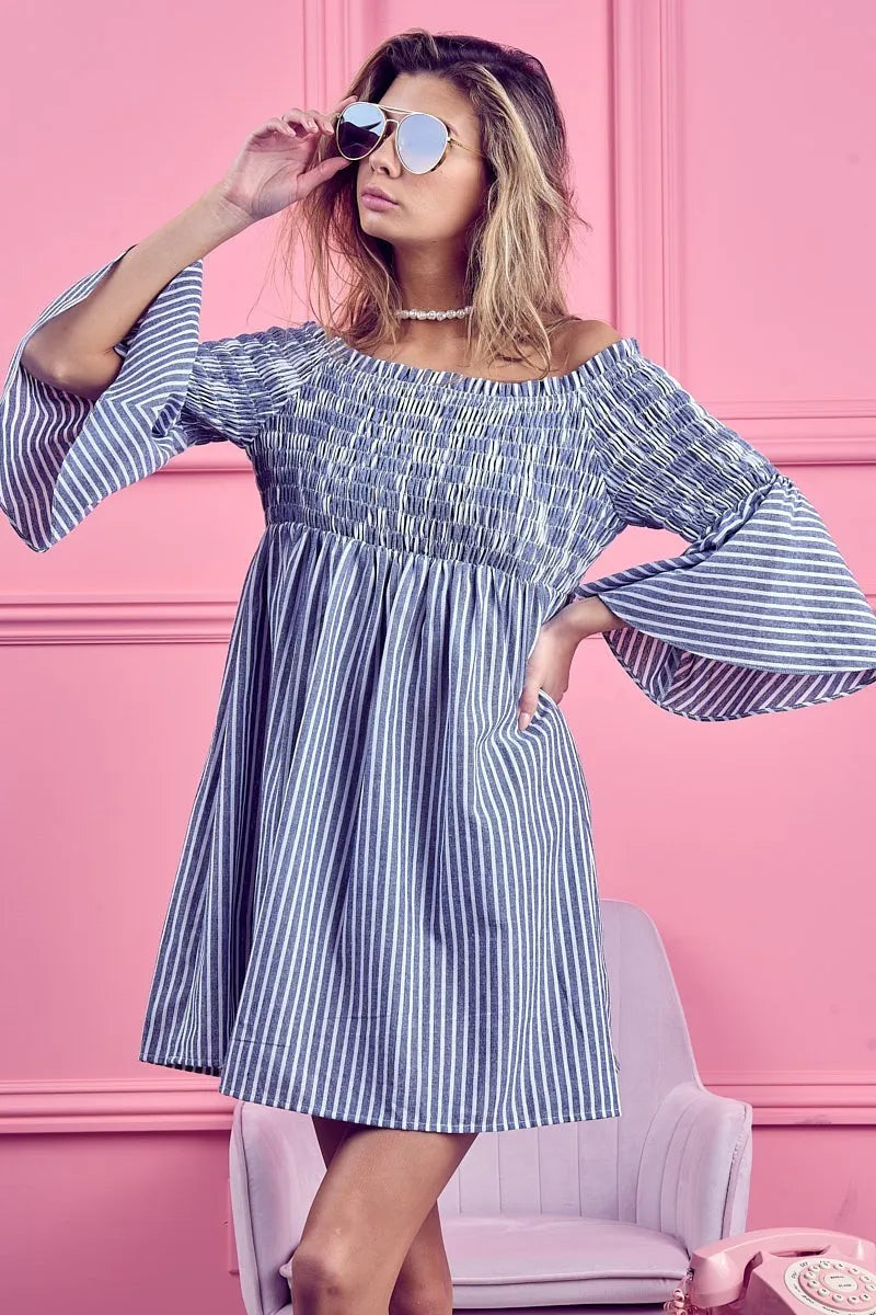 BiBi Smocked Off-Shoulder Blue and White Striped Dress