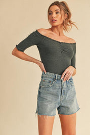 Aemi + Co Ruched Frill Off-Shoulder Half Sleeve Knit Top | Tops Daverri Fashions