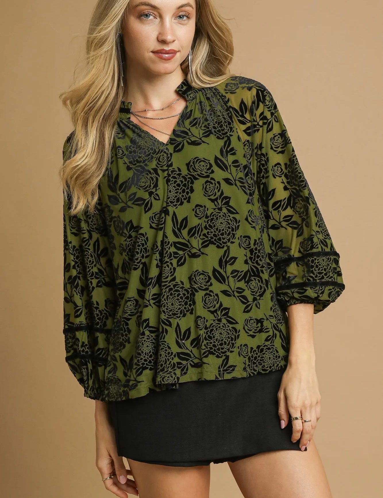 Olive 1XL Umgee Full Size Floral Velvet Blouse with Balloon Sleeves Plus Size | Blouses Daverri Fashions