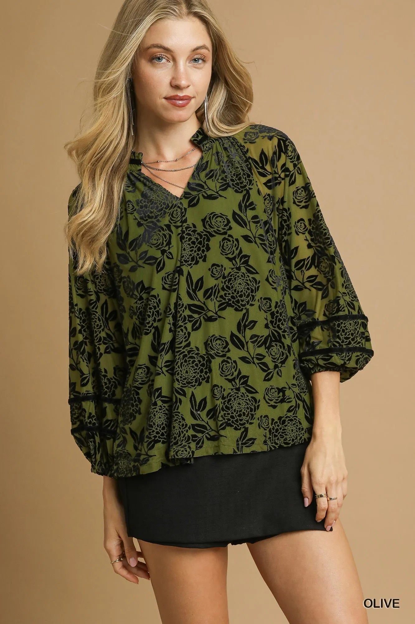 Olive 1XL Umgee Full Size Floral Velvet Blouse with Balloon Sleeves Plus Size | Blouses Daverri Fashions