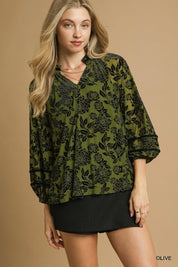 Olive 1XL Umgee Full Size Floral Velvet Blouse with Balloon Sleeves Plus Size | Blouses Daverri Fashions