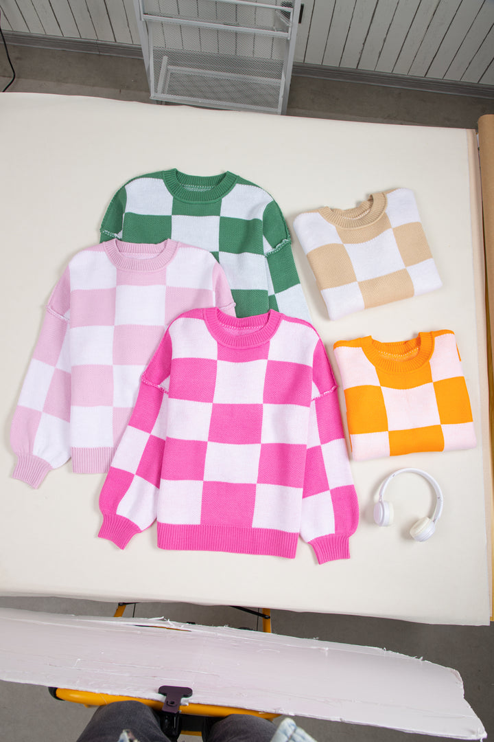 Checkered Bishop Sleeve Sweater | Sweaters Daverri Fashions