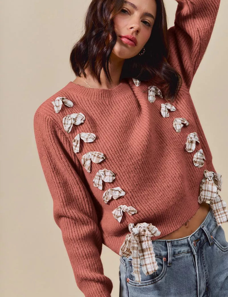 SO ME Checkered Plaid Tape Lace Up Ribbed Sweater | Sweaters Daverri Fashions