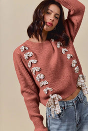 SO ME Checkered Plaid Tape Lace Up Ribbed Sweater | Sweaters Daverri Fashions