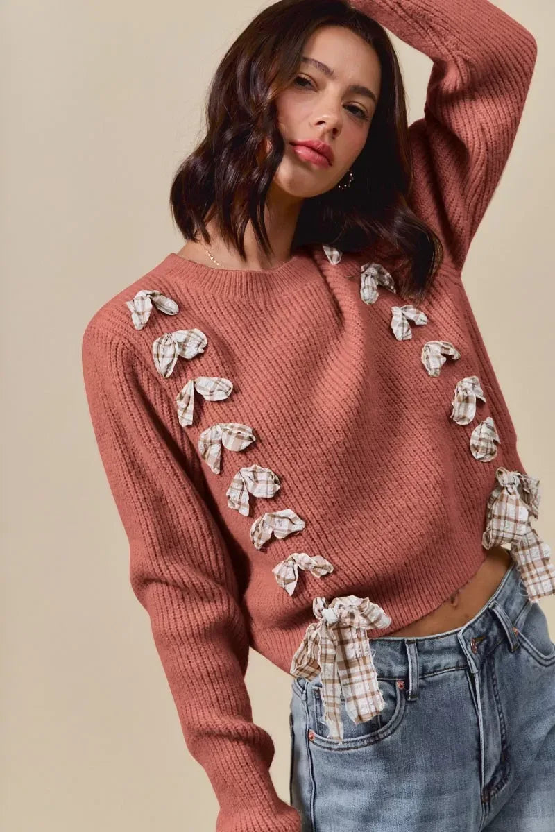 SO ME Checkered Plaid Tape Lace Up Ribbed Sweater Rust - DAVERRI FASHIONS