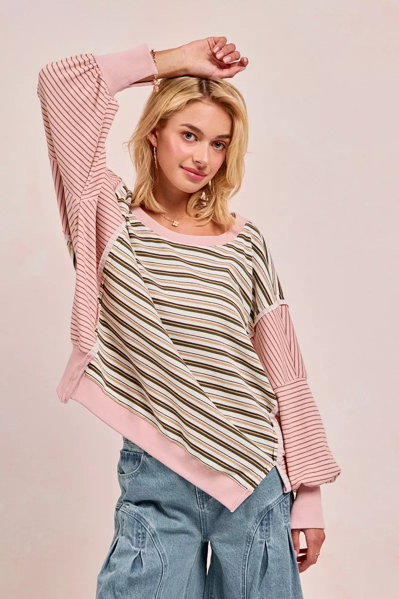 BiBi Stripe Mixed Top With Cut Edge And Reverse Outseam | Sweatshirts Daverri Fashions