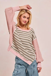 BiBi Stripe Mixed Top With Cut Edge And Reverse Outseam | Sweatshirts Daverri Fashions