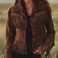 Brown faux suede fringe button-up jacket with long detailing