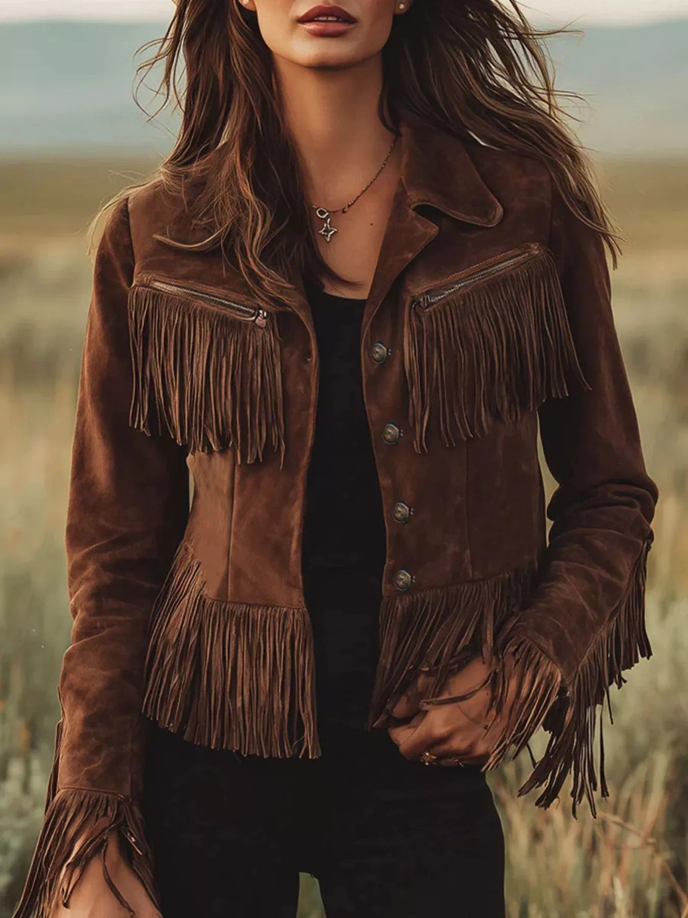 Brown faux suede fringe button-up jacket with long detailing