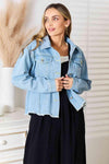 Double Take Dropped Shoulder Raw Hem Denim Jacket - DAVERRI FASHIONS