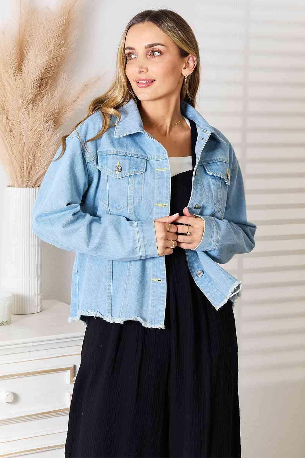 Double Take Dropped Shoulder Raw Hem Denim Jacket - DAVERRI FASHIONS