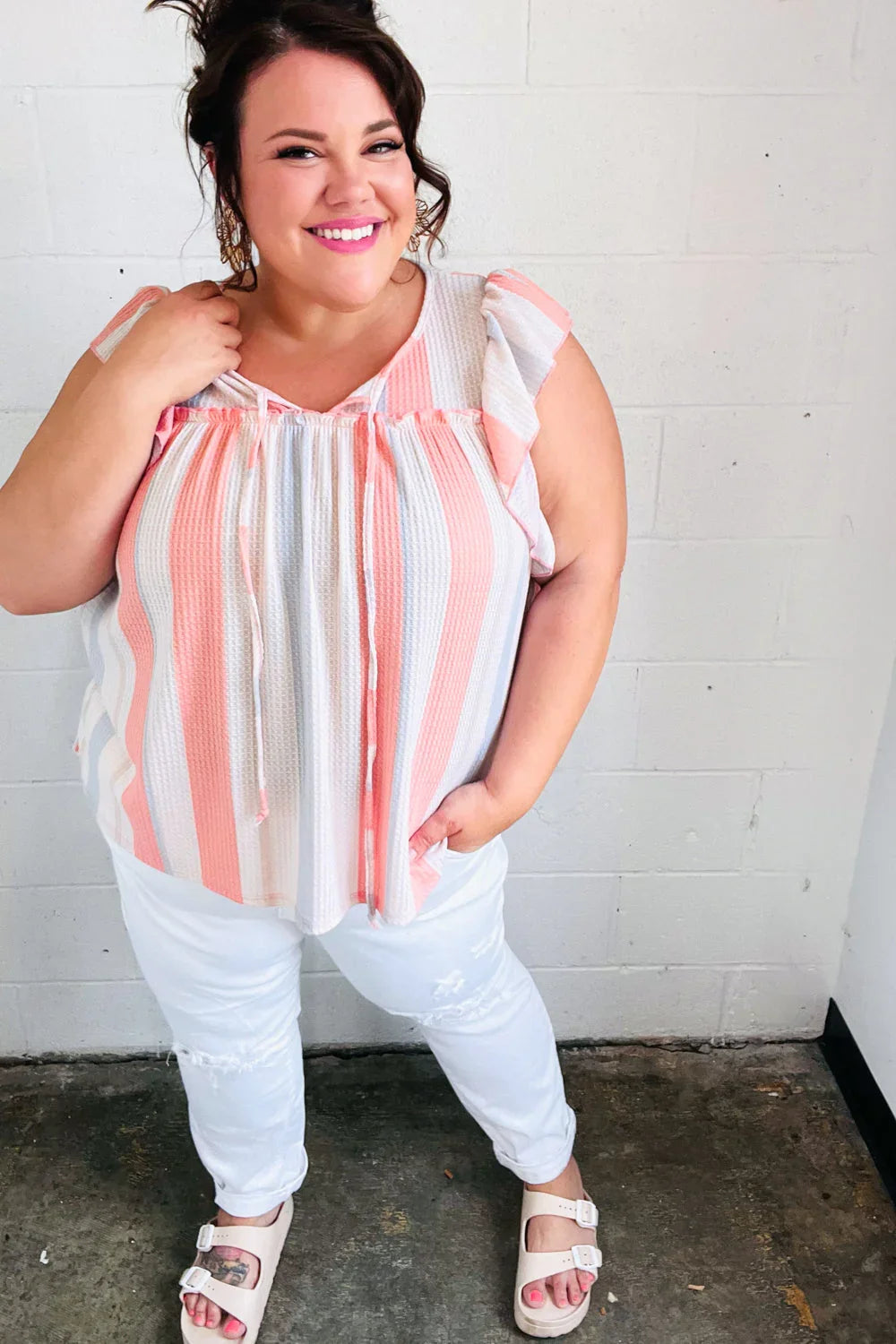 Coral & Light Blue Stripe Waffle Tie Neck Top | Daverri Fashions