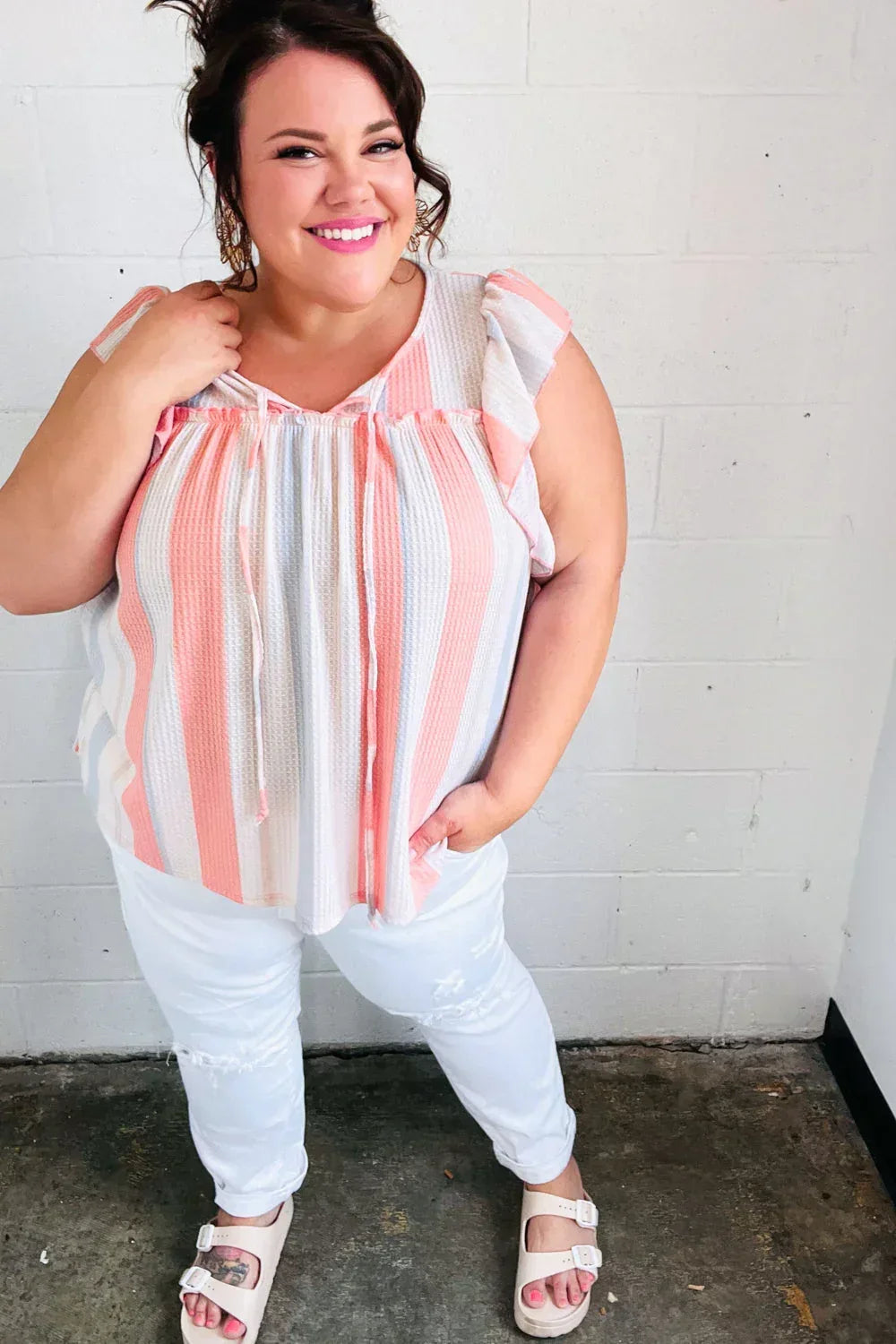 Coral & Light Blue Stripe Waffle Tie Neck Top - DAVERRI FASHIONS
