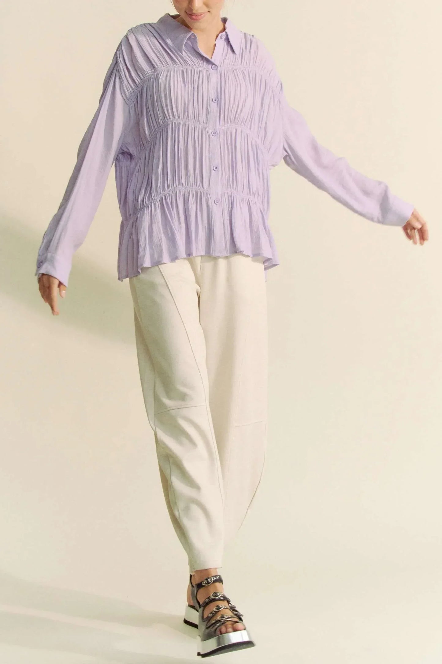 Davi & Dani Ruched All Over Button Front Shirt - DAVERRI FASHIONS