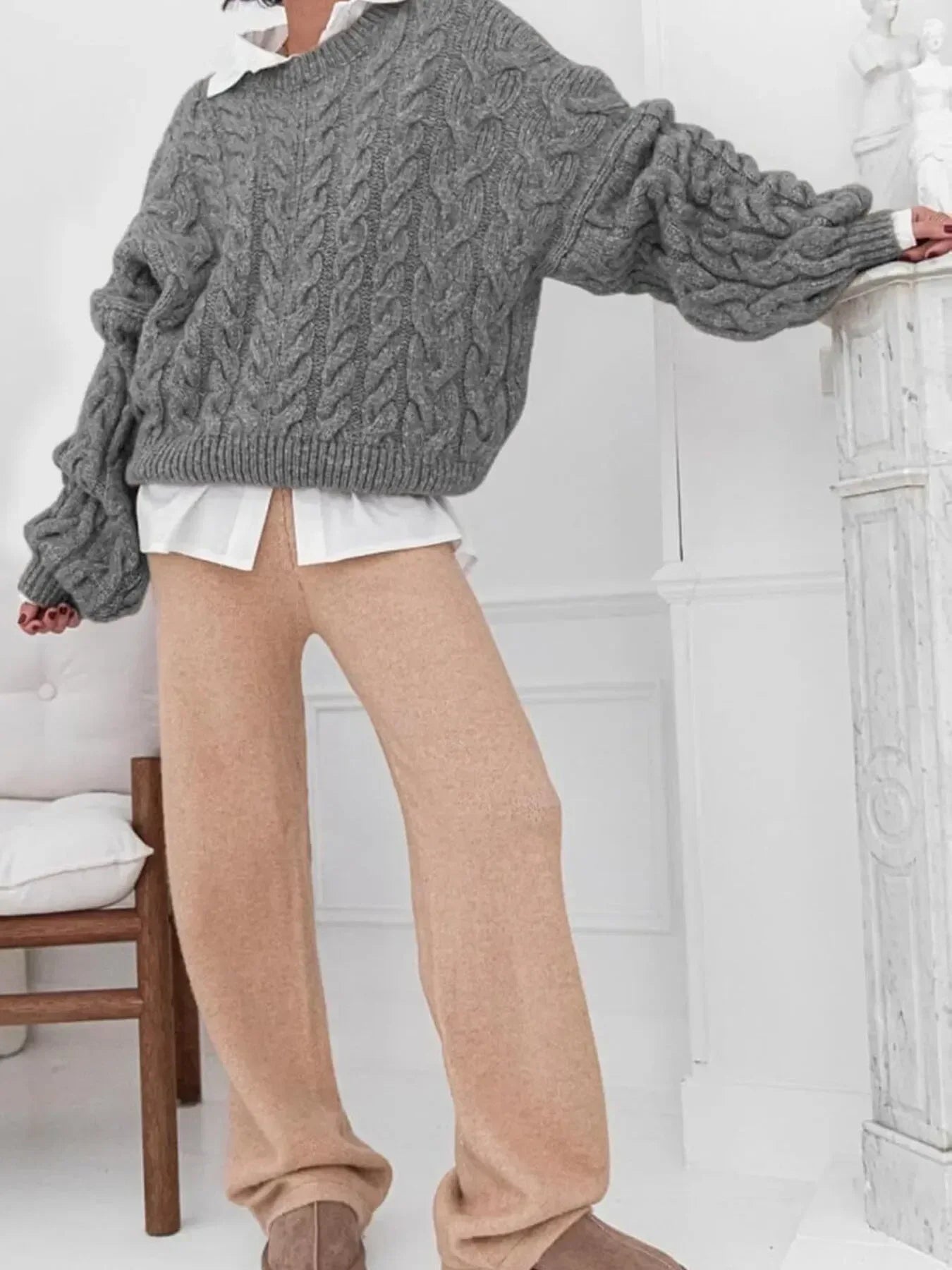 Cable Knit Long Sleeve Sweater - DAVERRI FASHIONS