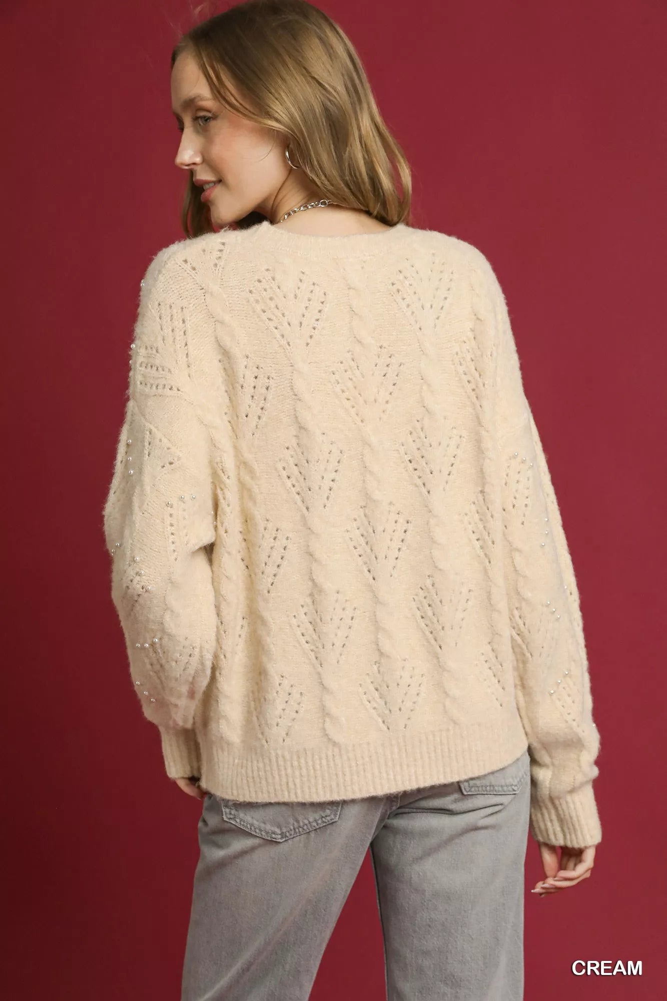 Umgee Pearl-Embellished Long Sleeve Sweater | Sweaters Daverri Fashions
