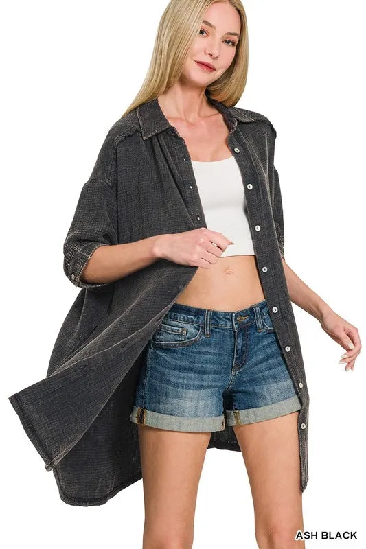 Zenana Washed Double Gauze Button Down Shirt Dress