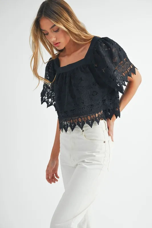 MABLE Square Neck Crochet Lace Top With Double Bow Tie Tops