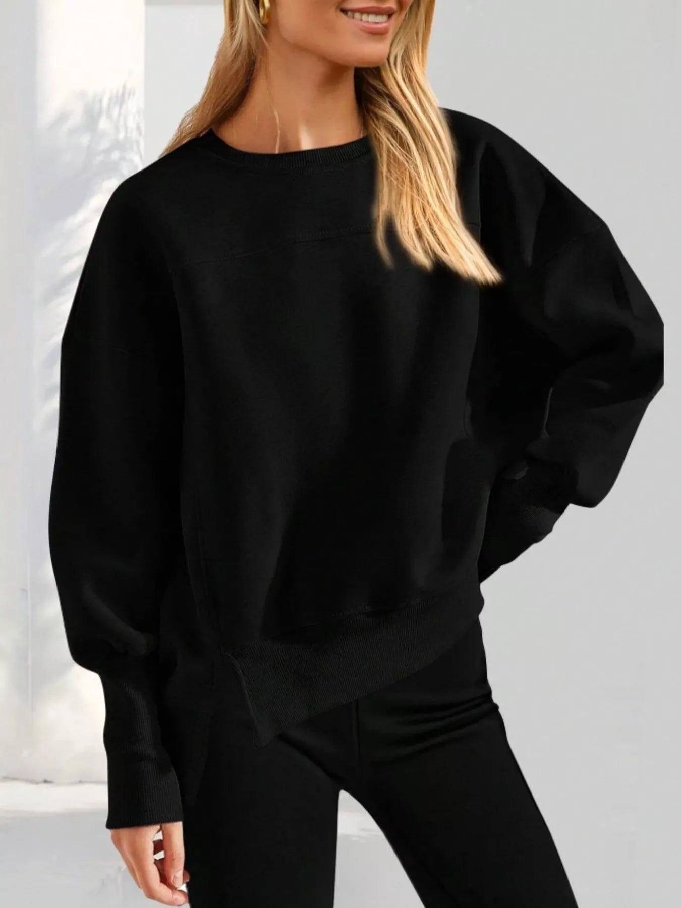 Slit Round Neck Dropped Shoulder Sweatshirt | Sweatshirts Daverri Fashions