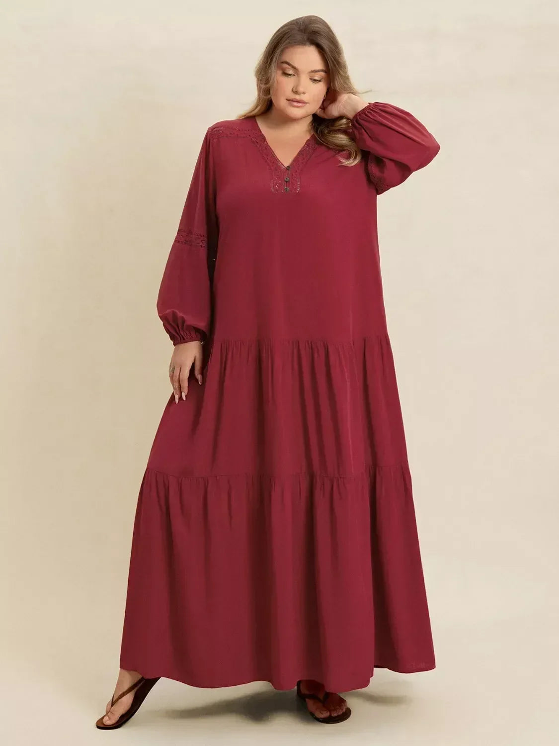 Plus Size Bohemian Tiered Maxi Dress with Balloon Sleeves - DAVERRI FASHIONS