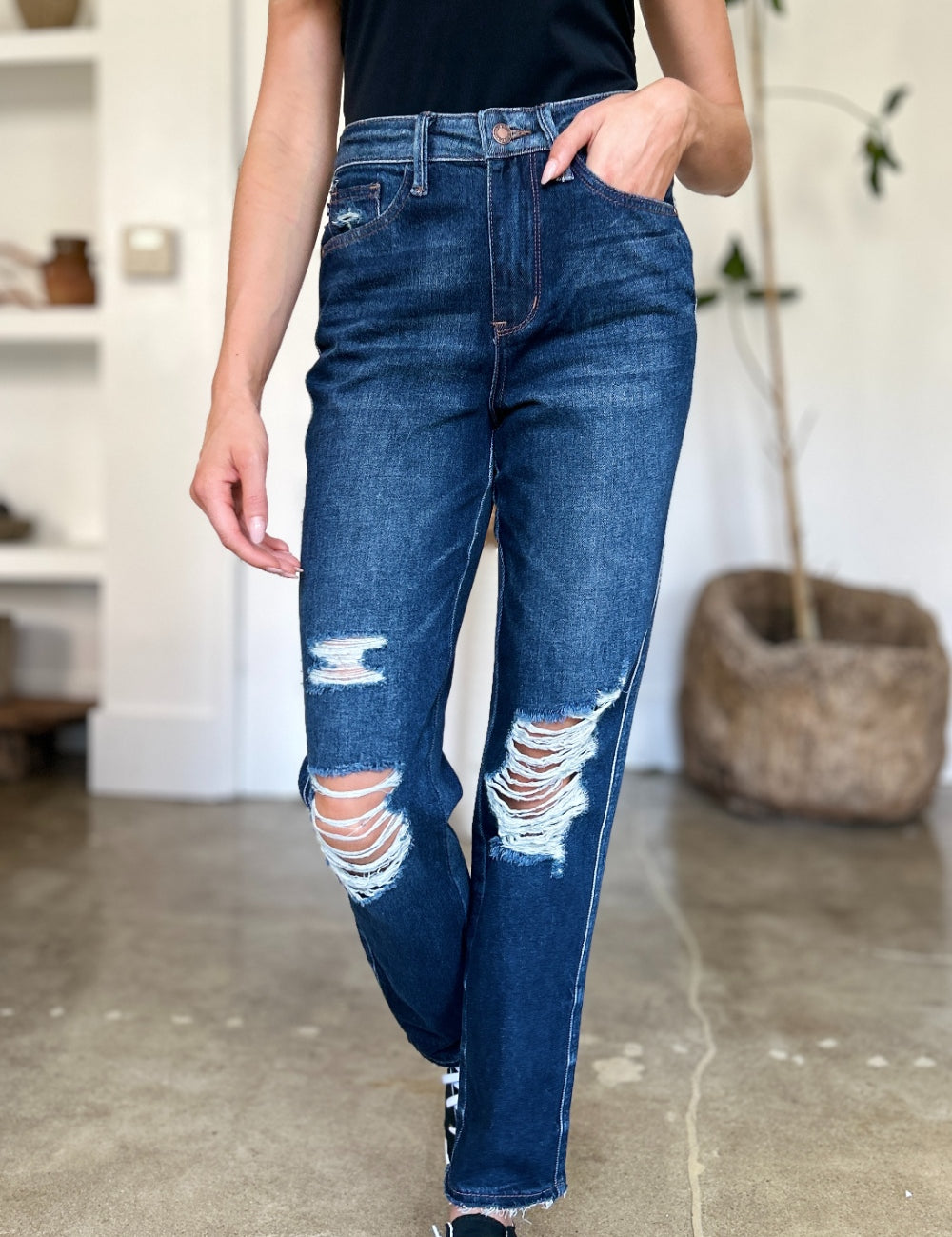 Dark Judy Blue Full Size High Waist Rigid Magic Heavy Destroy Straight Jeans | Daverri Fashions