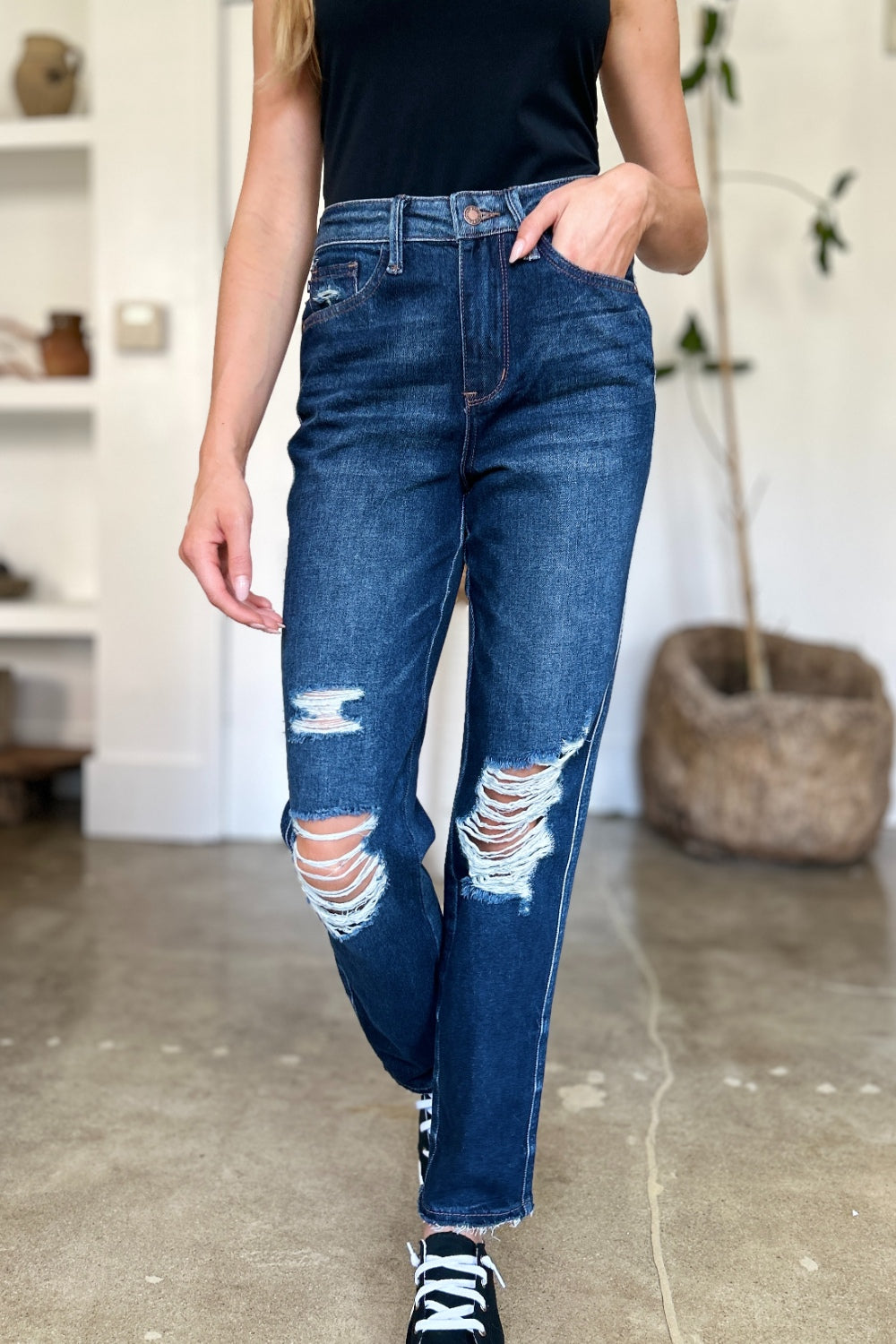 Dark Judy Blue Full Size High Waist Rigid Magic Heavy Destroy Straight Jeans | Daverri Fashions