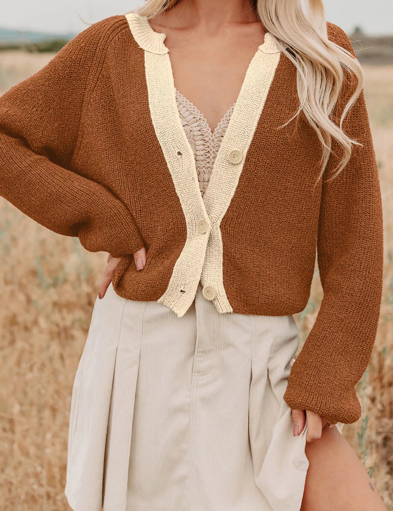 Caramel Contrast Knit V Neckline Cardigan | Cardigans Daverri Fashions