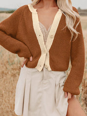 Caramel Contrast Knit V Neckline Cardigan | Cardigans Daverri Fashions