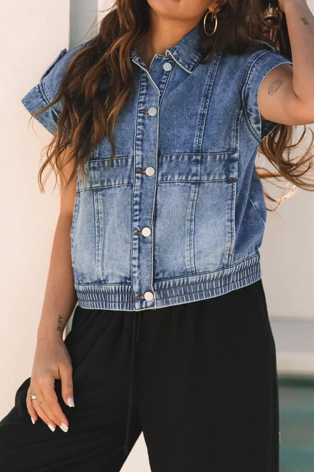 Button Up Cap Sleeve Denim Jacket - DAVERRI FASHIONS