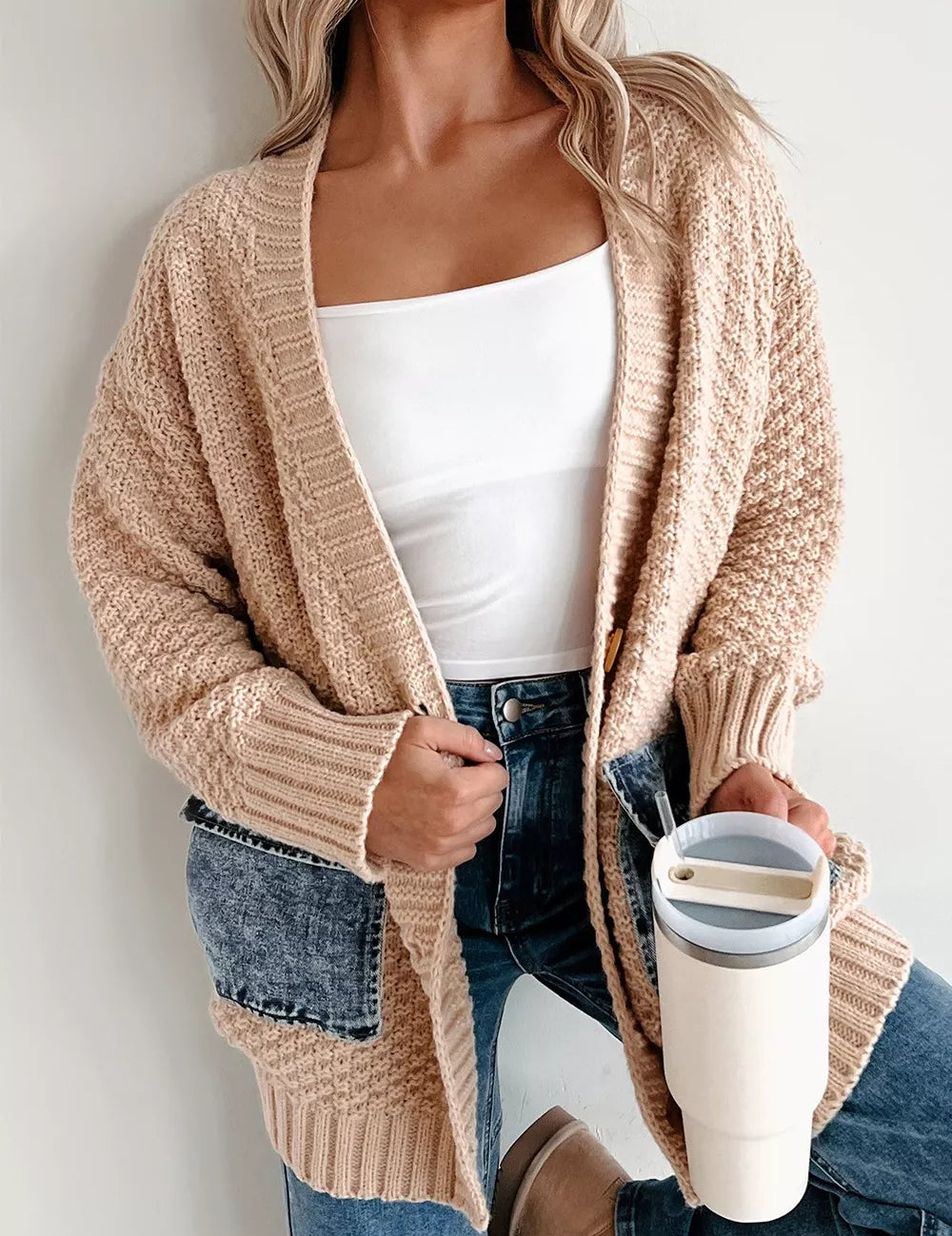 Eggshell Denim Pockets Textured Knit Open-Front Cardigan | Cardigans Daverri Fashions