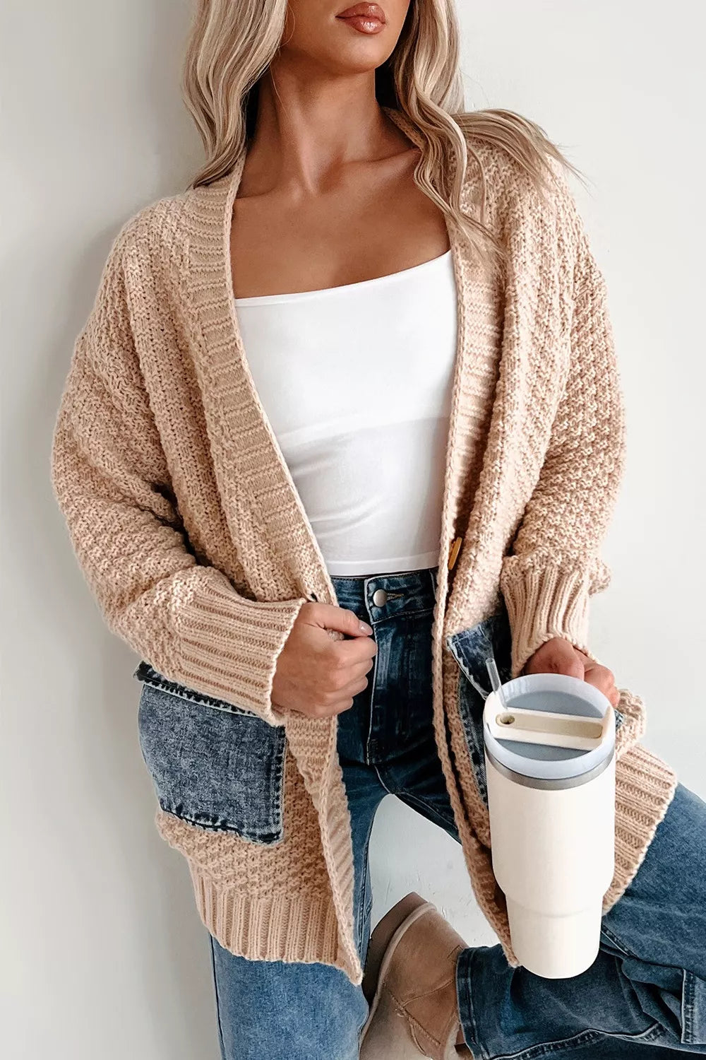 Eggshell Denim Pockets Textured Knit Open-Front Cardigan | Cardigans Daverri Fashions