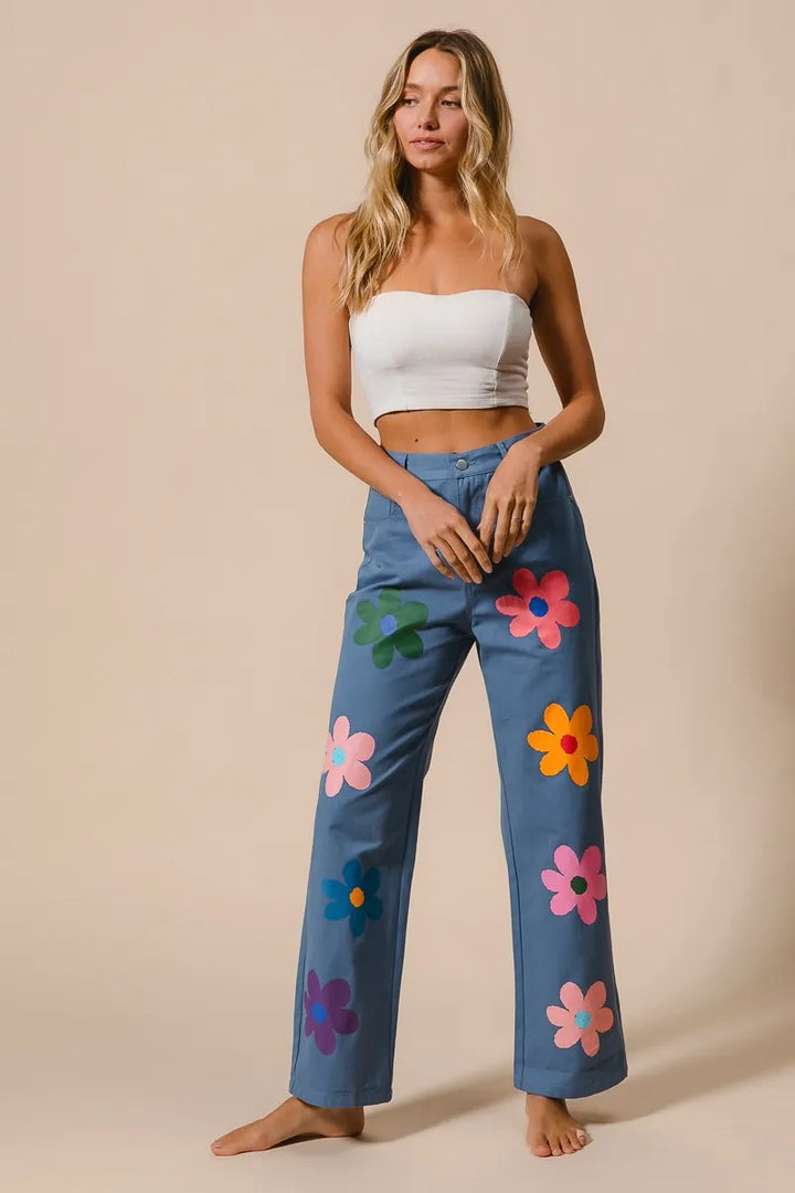 BiBi Flower Print Straight Legs Pants Pants