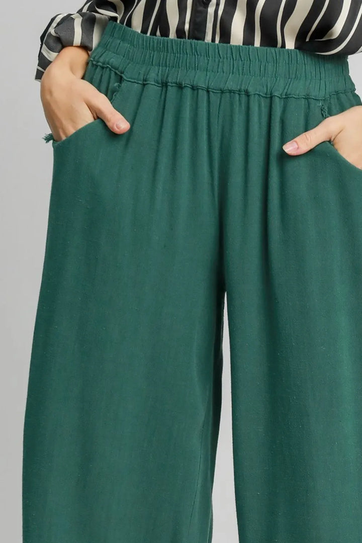 Umgee Dark Green Linen Blend Elastic Waistband Wide Leg Pants Pants