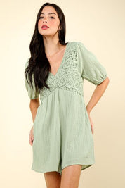 VERY J Lace Detail Puff Sleeve Romper with Pockets Sage