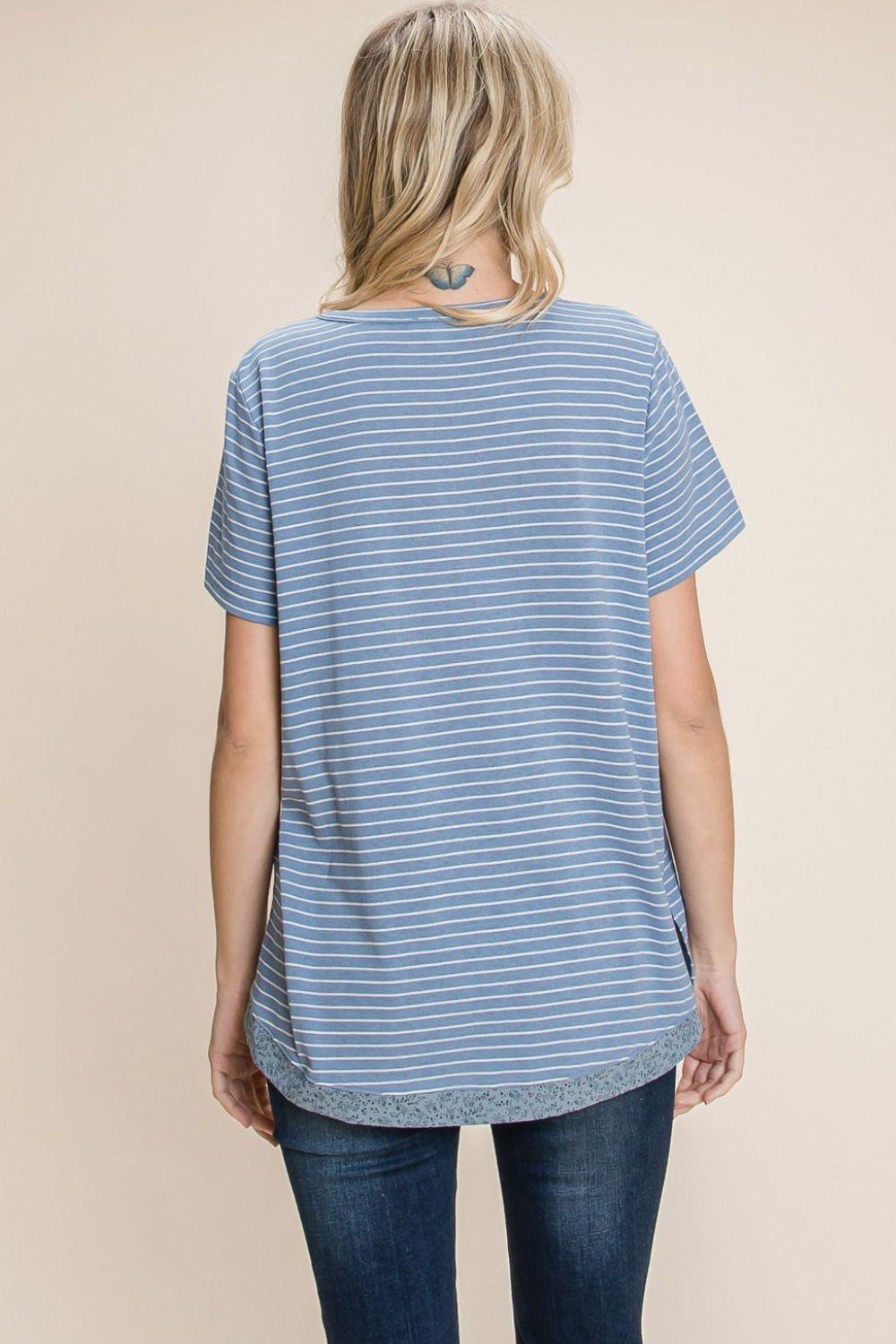 Cotton Bleu by Nu Lab Slit Striped Notched Short Sleeve T-Shirt T-Shirts