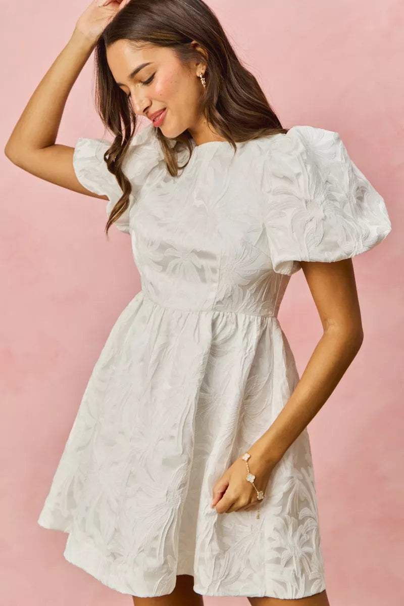 White SO ME floral jacquard mini dress with puff sleeves