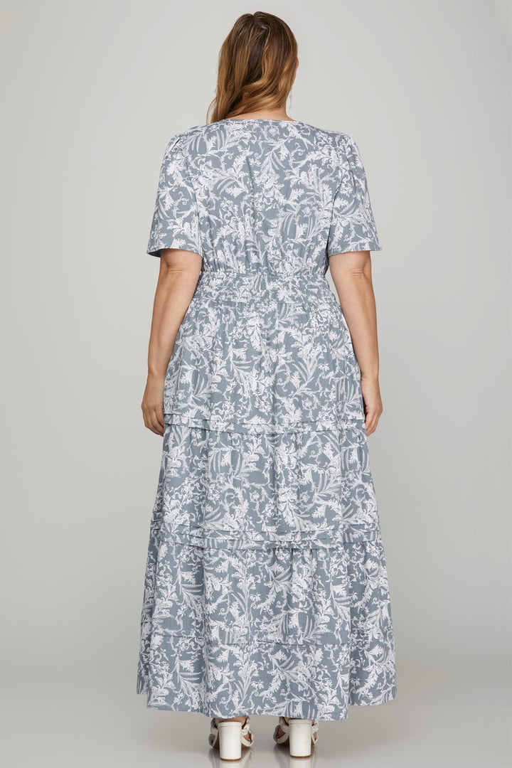 She + Sky Printed Notched Woven Tiered Pintuck Maxi Dress with Side Pockets Maxi Dresses