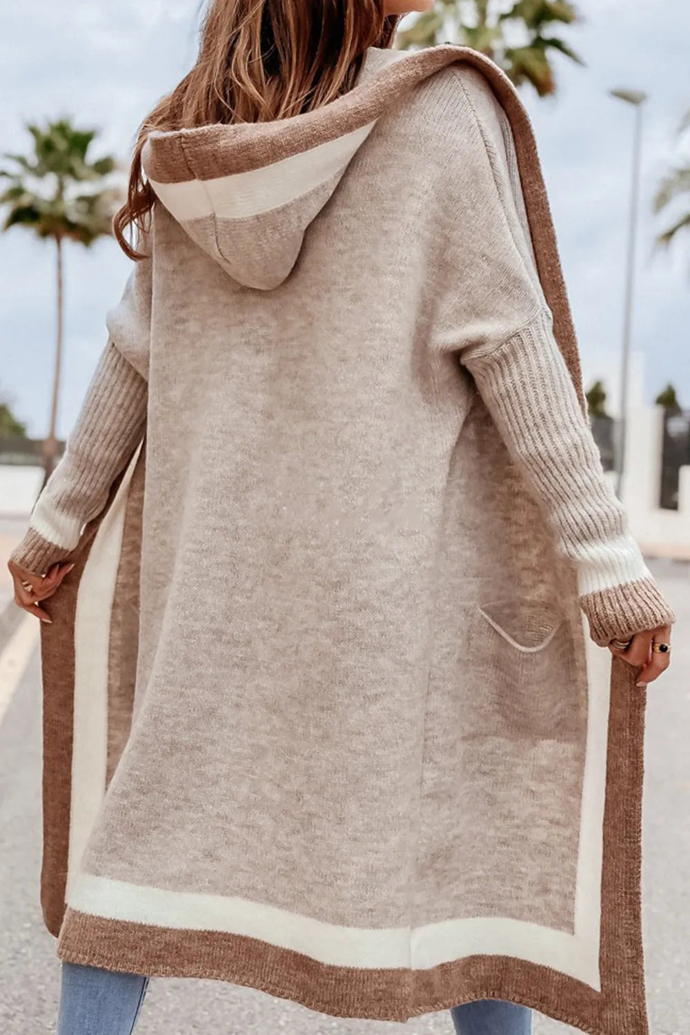 Pocketed Contrast Long Sleeve Hooded Cardigan | Cardigans Daverri Fashions