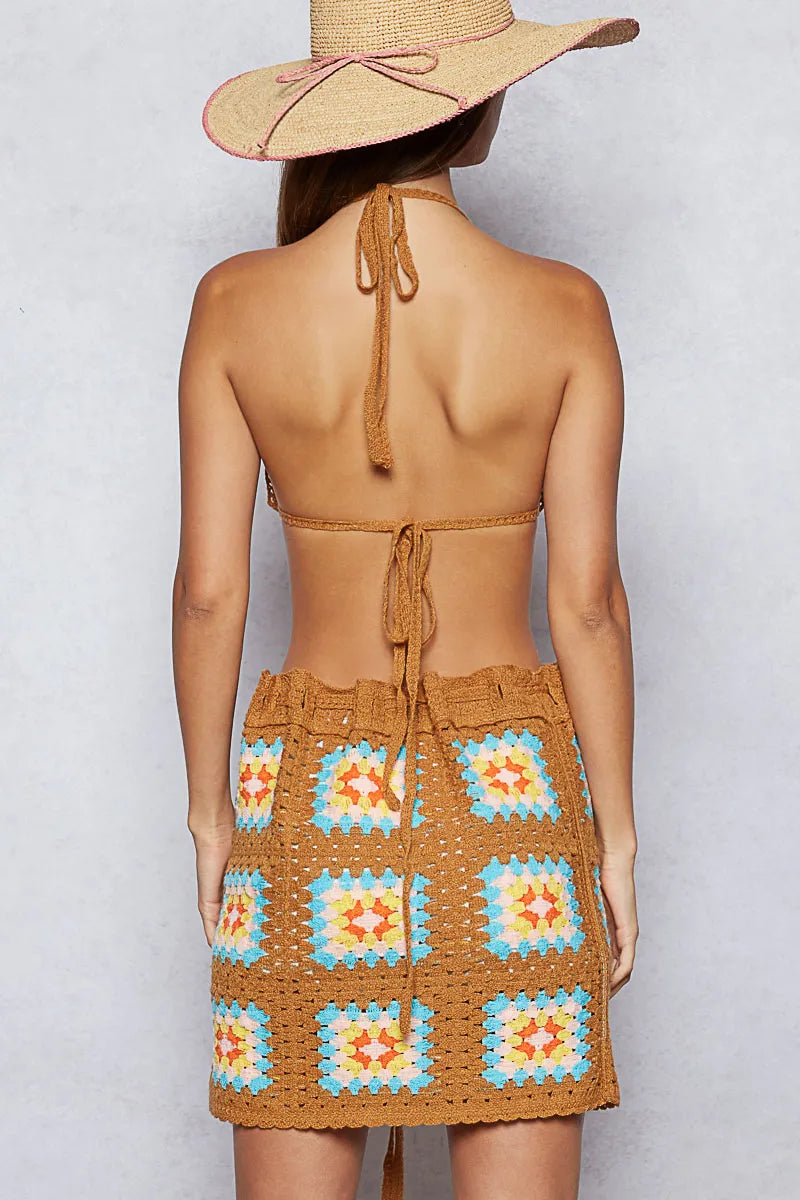 POL Crochet Halter Neck Cami and Skirt Sweater Set Outfit Sets