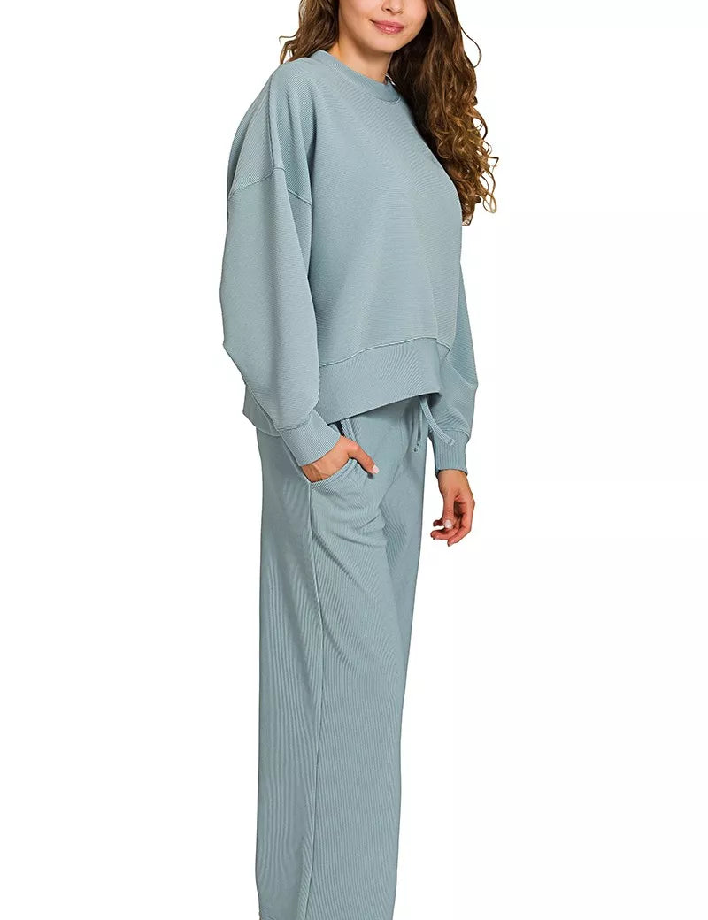 Zenana Ribbed Round Neck Pullover and Drawstring Pants Set | Loungewear Sets Daverri Fashions