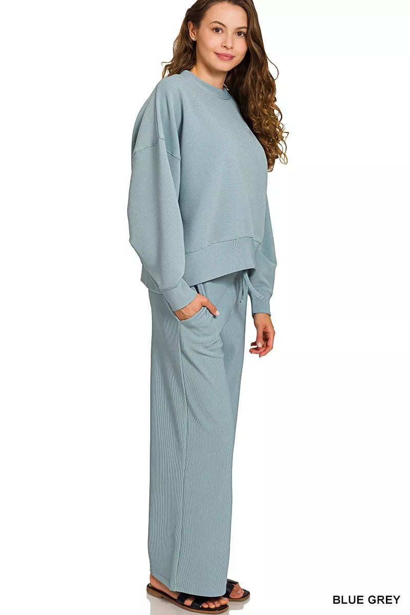 Zenana Ribbed Round Neck Pullover and Drawstring Pants Set | Loungewear Sets Daverri Fashions