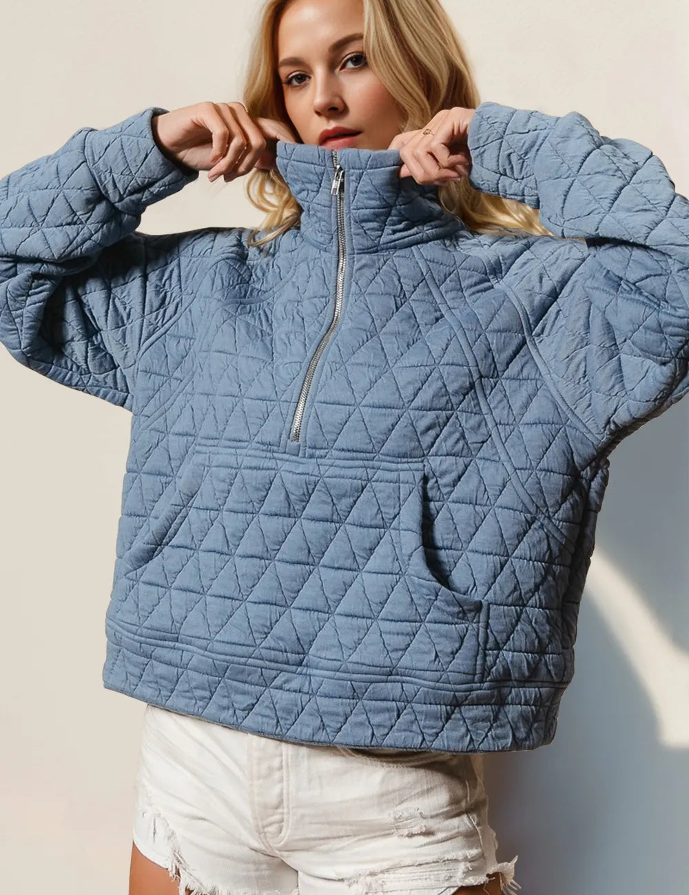 Light Blue Double Take Half Zip Long Sleeve Quilted Sweatshirt with Pocket | Sweatshirts Daverri Fashions